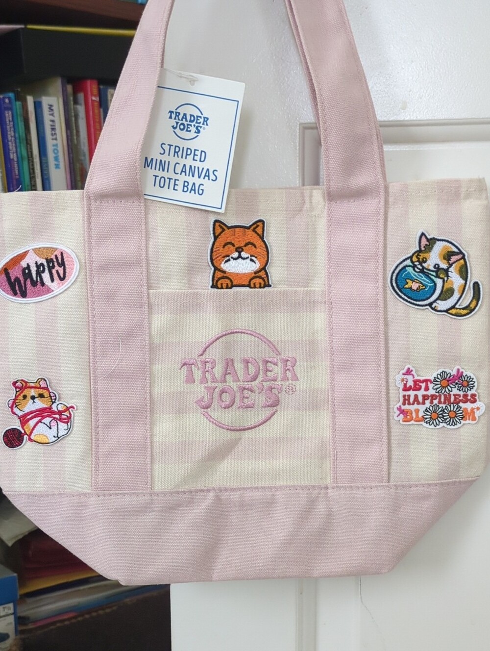 Top Zipper Trader Joe's  Striped Pink Canvas Tote with  Cats Patches Accents